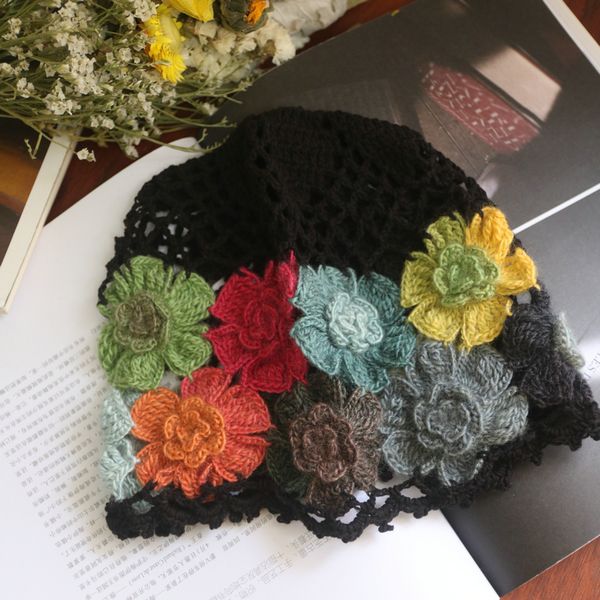 

women s knitted hat autumn and winter gradient color handmade crochet flower toe cap retro beauty elegant hollow painter 220817, Blue;gray