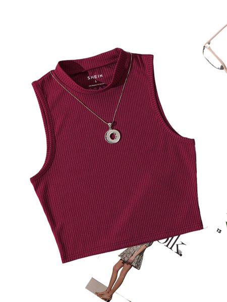 

ribbed knit mock neck tank 69fj#, White