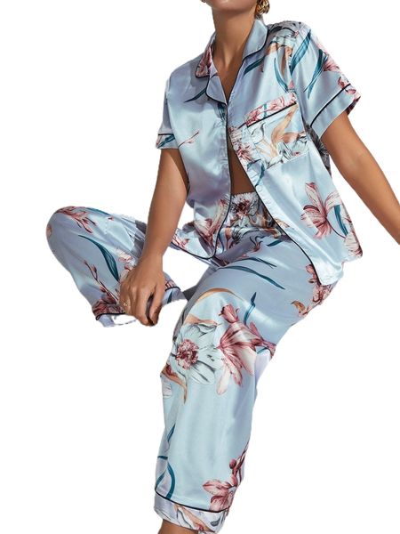 

floral print contrast tipping satin pajama set 57fd#, Black;red