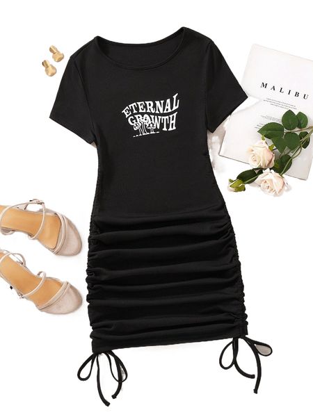 

letter & mushroom print drawstring side dress e2t2#, Black;gray