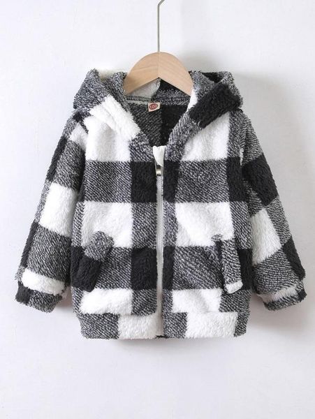 

toddler boys buffalo plaid print zip up hooded flannel jacket she, Blue;gray