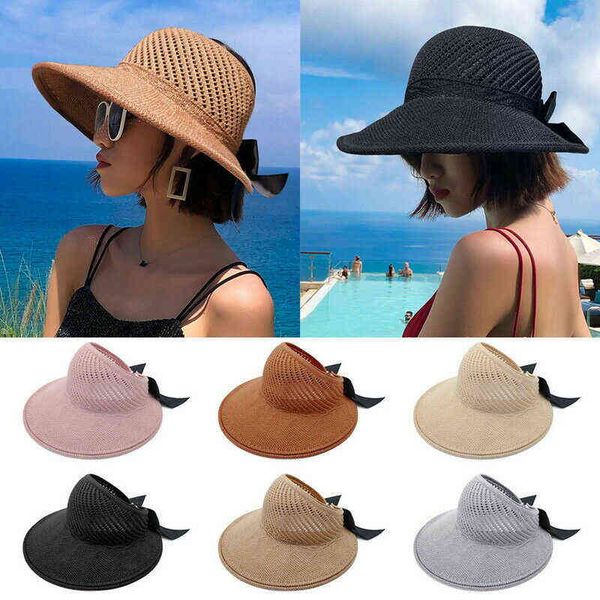 

fashion summer wide brim bowknot straw cap visors beach vacation sun hat for uv protected ladies portable foldable hat g220301, Blue;gray