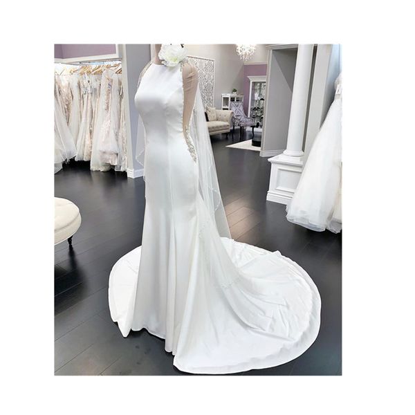 

elegant satin mermaid wedding dresses halter autumn spring country garden simple train bridal gowns, White