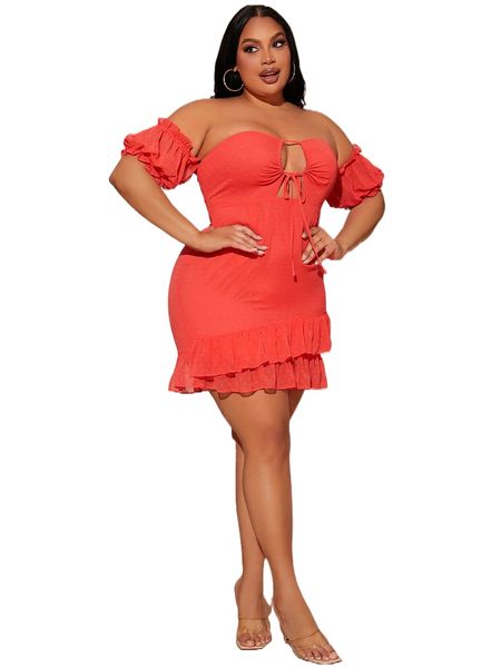 

sxy plus swiss dot off shoulder cut out knot front ruffle hem dress y2vw#, Black