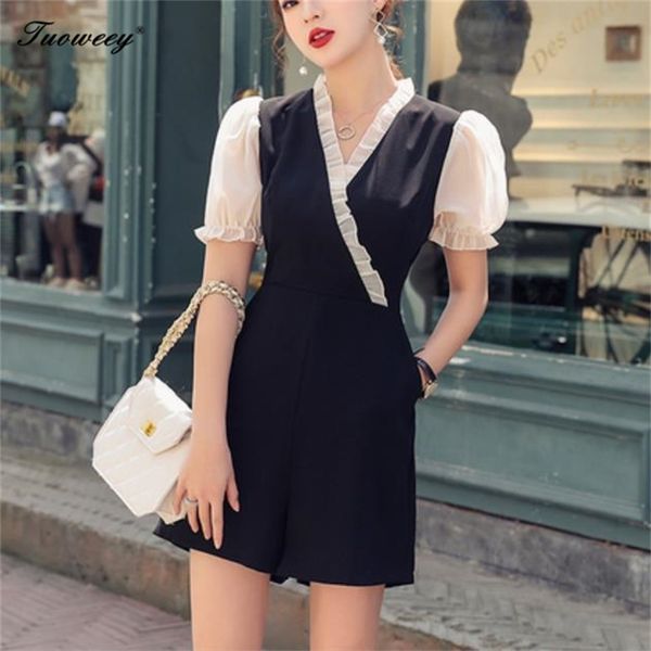 

new fashion women chiffon playsuits female loose overalls 2019 spring summer jeans shorts slim sashes casual dark blue big size t200704, Black;white