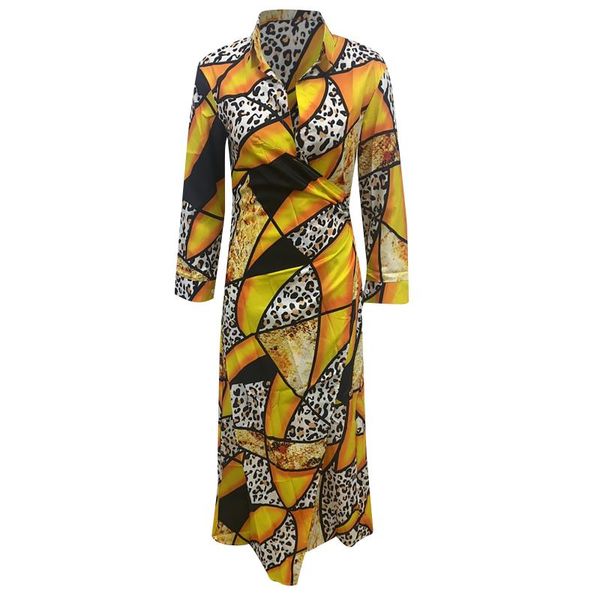 

casual dresses for women 2022 style fashion printed lapel long sleeve ladies comfortable high waist split fork dress, Black;gray