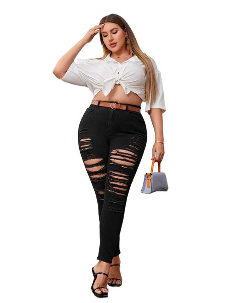 

plus high waist ladder distressed skinny jeans n6yc#, Blue