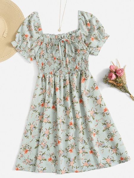 

plus floral print frilled knot front shirred puff sleeve chiffon dress p1z4#, Black