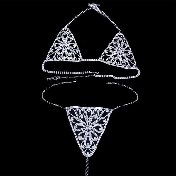 Nuovo design delle donne fiore sexy catena del corpo reggiseno cablaggio collana biancheria intima di cristallo pancia corpo catena mutandine gioielli per il corpo T200508