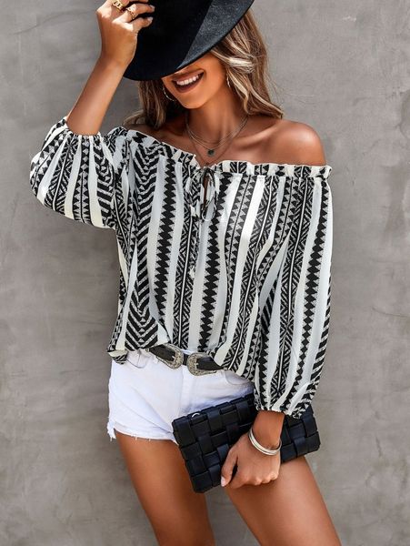 

geo print off shoulder frilled tie front lantern sleeve blouse v0cv#, White