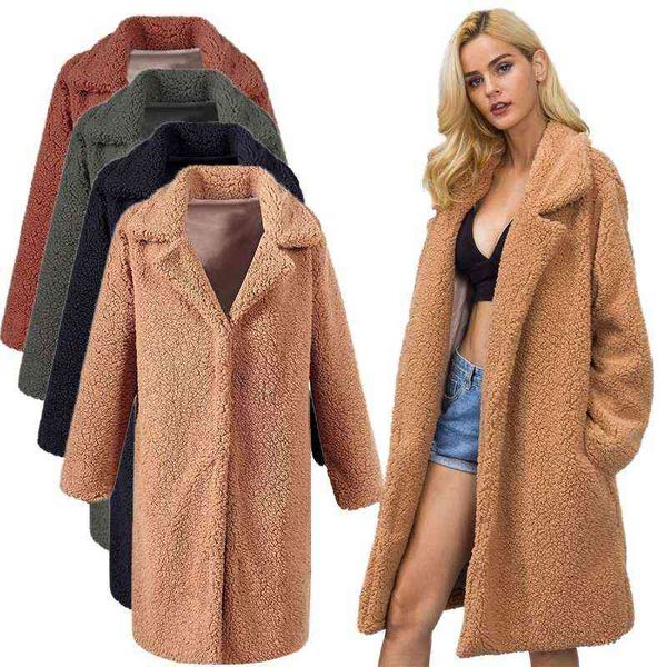

women winter fashion warm plush faux fur long jacket lapel furry womens coat overcoat l220714, Black
