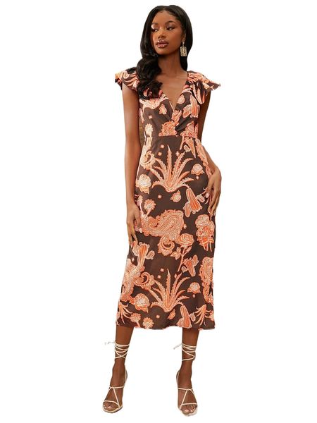 

newness paisley print flounce sleeve dress a07u#, Black;gray