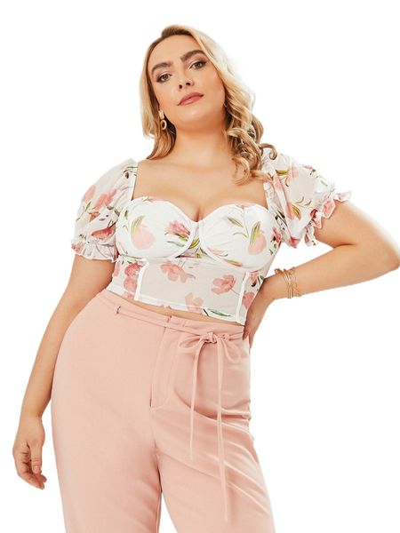 

plus floral print sweetheart neck puff sleeve bustier mesh blouse u0dv#, Black