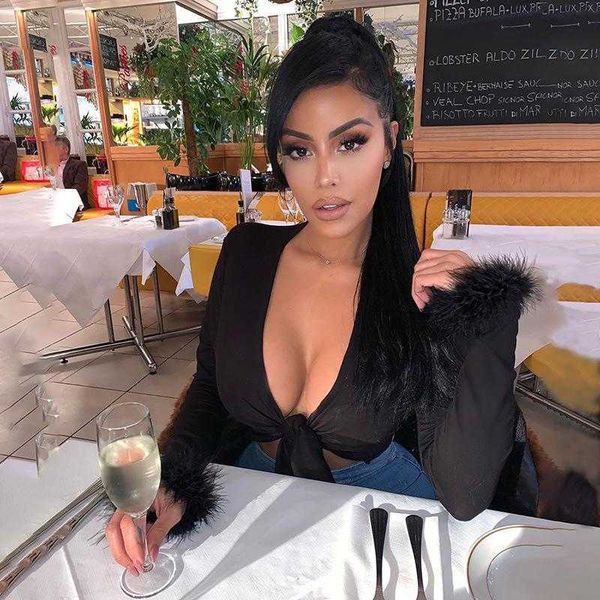 

women's t-shirt 2022 long sleeve fur v-neck wrapped bandage crop autumn winter women streetwear club party outfits t-shirts, White