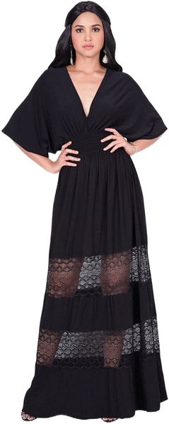 

koh womens summer v-neck half sleeve layered lace maxi dress w7be#, Black;gray