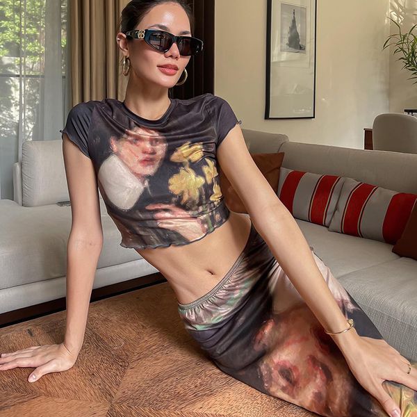 

two piece casual dresses crop short sleeve t-shirt skirt printed suit, Black;gray