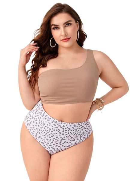

plus dalmatian rib cut-out one piece swimsuit 03ks#, White;black