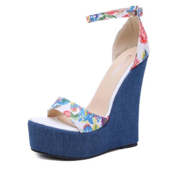 

sandals nice designer print denim roman wedges heels peep-toe platform shoes woman buty damskie, Black
