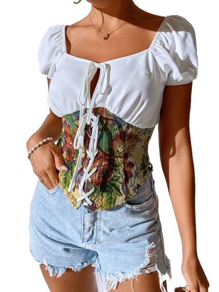

floral pattern grommet lace up front puff sleeve blouse h1it#, White