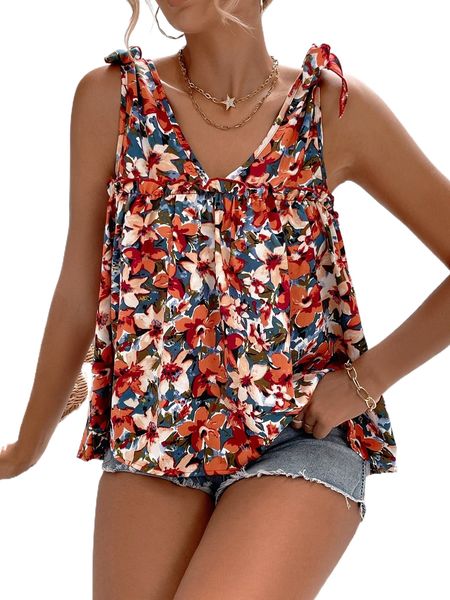 

floral print tie shoulder frill trim tank v5ax#, White