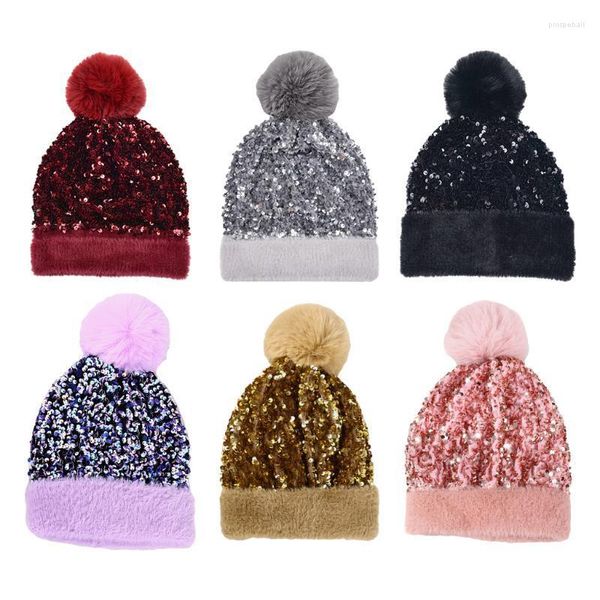 Beanie/Schädel Kappen Winter Warme Gestrickte Beanie Hüte Frauen Bling Pailletten Skullies Echt Fell Pompon Hut Weibliche Motorhaube pros22