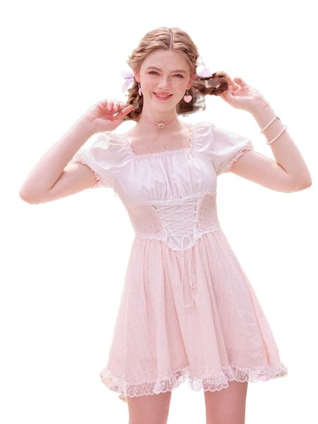 

kawaii contrast swiss dot lace up ruched bust dress q4tw#, Black;gray