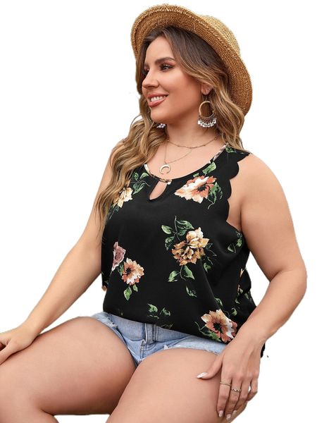 

plus floral print keyhole neckline scallop trim blouse s980#, Black
