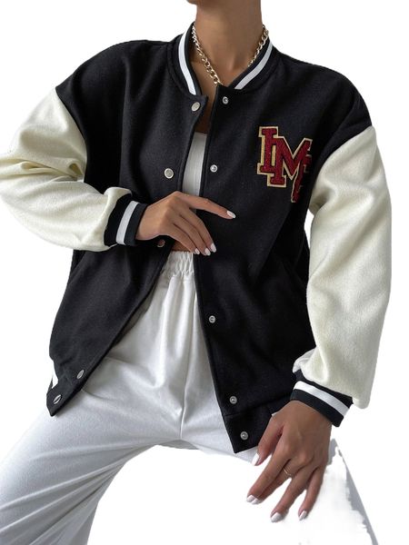 

letter patch detail drop shoulder colorblock bomber jacket l9y4#, Black;brown