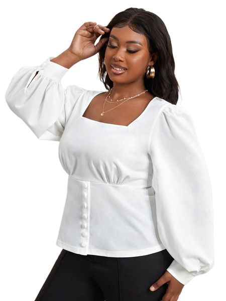 

x gelly plus square neck ruched bishop sleeve blouse c0ar#, Black