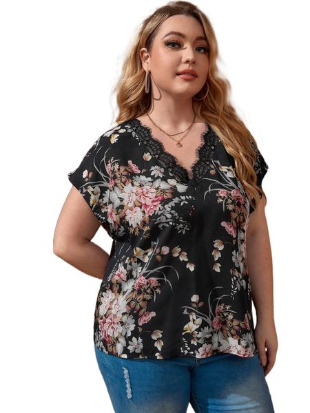 

plus lace trim floral k93n#, Black