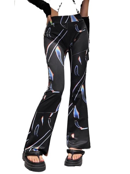 

graphic print flare leg pants t7br#, Black;white