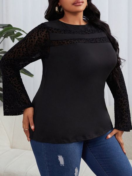 

plus contrast mesh flounce sleeve x107#, Black