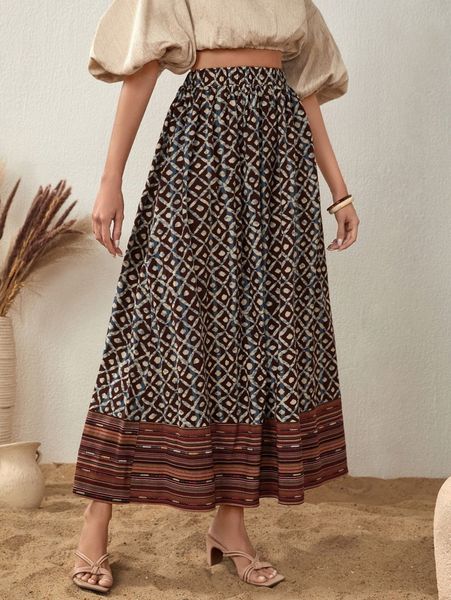 

allover print flared skirt w1pe#, Black