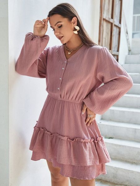 

simplee plus half button lantern sleeve layered hem dress l1h9#, Black