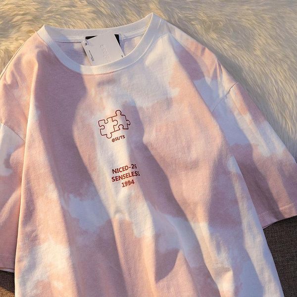 

women's t-shirt short-sleeved women loose korean retro tie-dye harajuku style half-sleeved oversize couple for men and womenwomen&#039, White