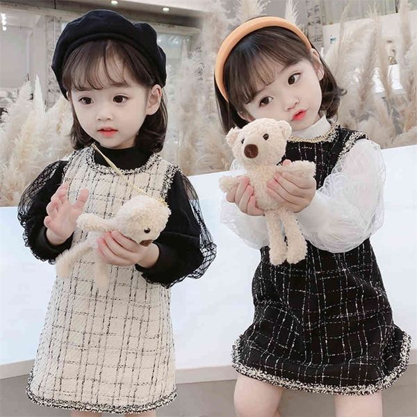 

kids clothes girls plaid dress sweatshirt girls clothing mesh girls clothing sets spring autumn costumes for children 210412, White