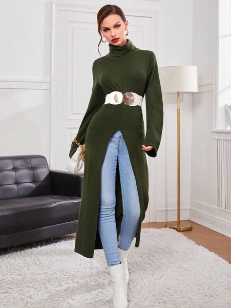 

funnel neck split hem longline sweater without belt h7q7#, White;black