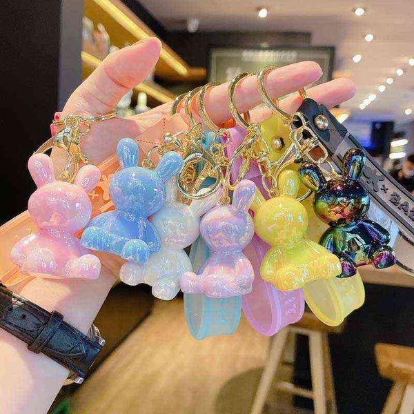 

1pc personalized colorful rabbit keychain tide cool car keychain acrylic rabbit pendant backpack schoolbag ornament doll wholesale y220725, Silver