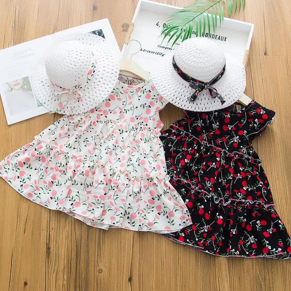 Kız elbiseleri kız kız kız yaz elbisesi Korean moda 2pcs set çiçek tatlı saman şapka oyun tatil pamuk çocuk prenses dressgirl's