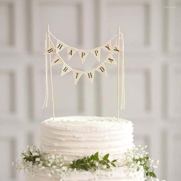 Altre forniture per feste festive Torta di compleanno Bandiera Topper Cottura Strumenti di decorazione Gadget in legno Decorazioni di carta Happy With Letter PatternAltro