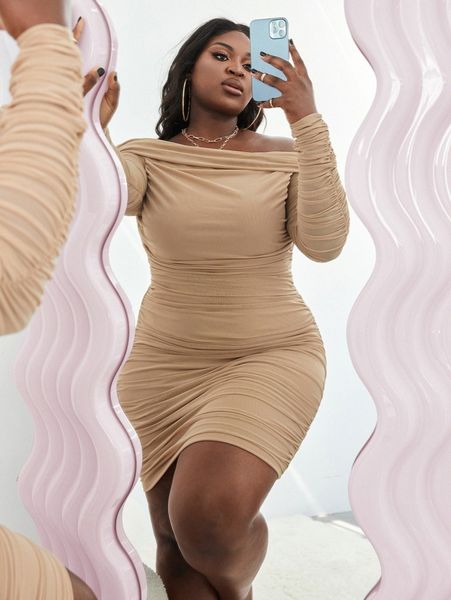 

sxy plus off shoulder foldover detail ruched mesh dress c4fl#, Black