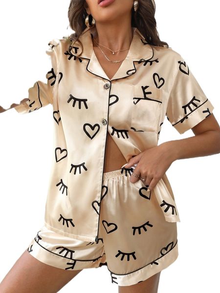 

eyelash & heart print contrast piping satin pj set s9ld#, Black;red