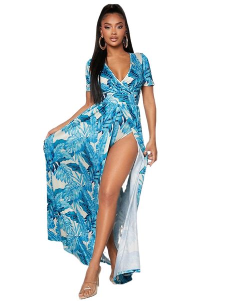 

sxy tropical print wrap bodysuit with skirt 81kz#, White