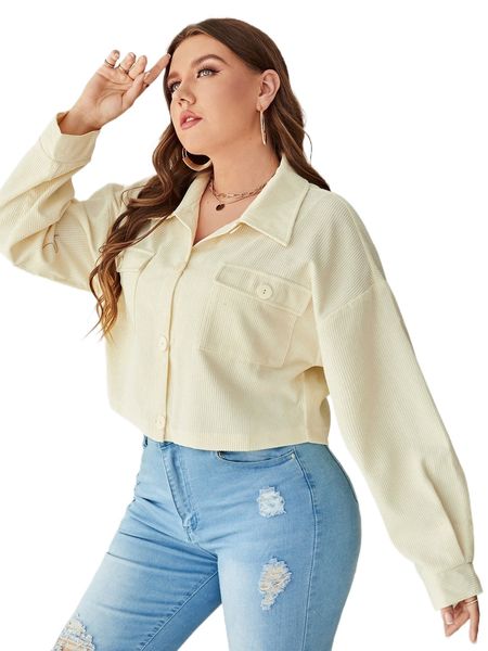 

plus drop shoulder flap pocket corduroy jacket h33w#, Black