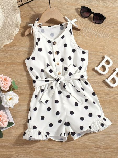 

toddler girls polka dot button front knot shoulder belted jumpsuit she, Blue