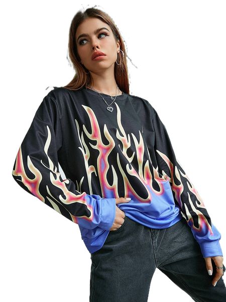 

fire print round neck sweatshirt o7hl#, Black