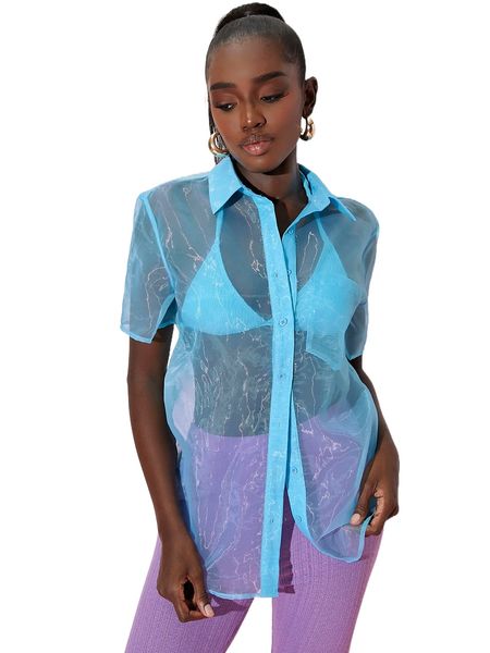 

solid single button placket sheer blouse without bra u0lz#, White
