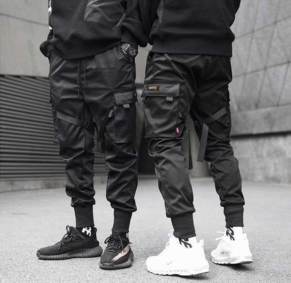 

pants men ribbons block black pocket cargo harem joggers harajuku sweatpant hip hop tatical aa