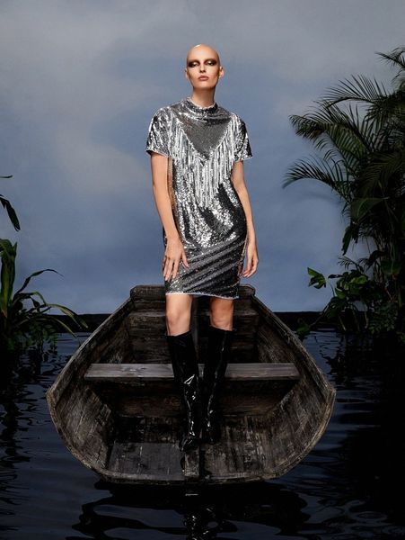 

x jovana jara frill trim sequin dress k1a7#, Black;gray