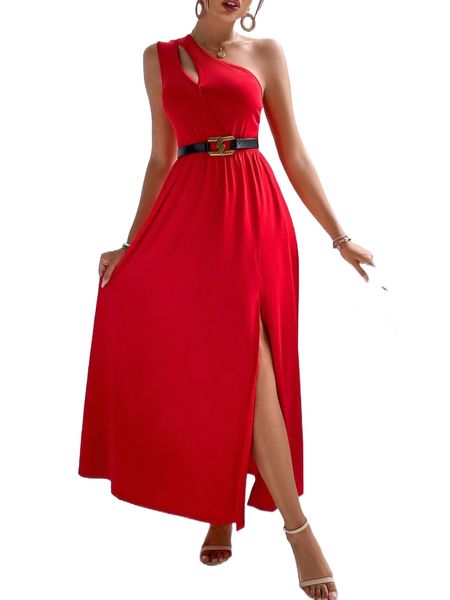 

cut out one shoulder slit thigh dress without belt r4xq#, Black;gray
